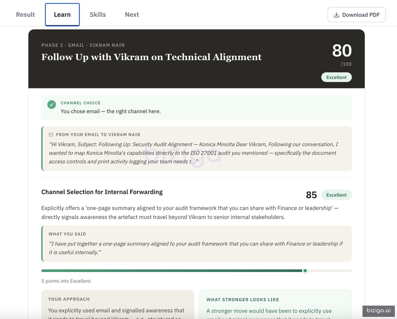 An excellent-band debrief — the verified evidence a recruiter would see